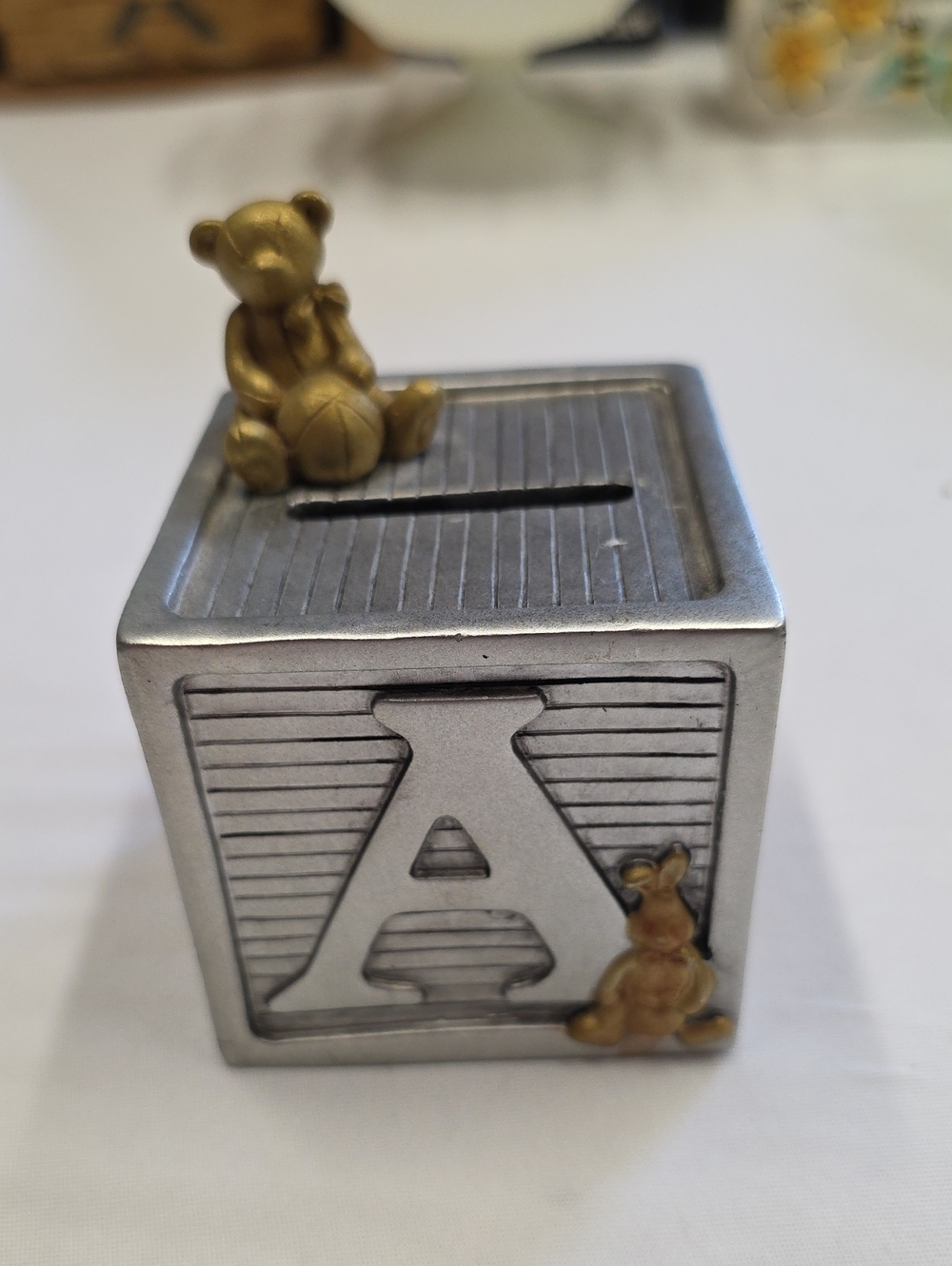 Alphabet A Baby Block Coin Bank with Gold Teddy Accents